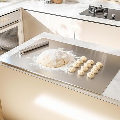 tonchean 304 Stainless Steel Chopping Board with Lip, 35.4”x 19.7” Large Steel Cutting Board with Rolling Pin, Metal Noodle Board Pastry Board Kneading Dough Board for Kitchen Restaurant - size: 35.4"L x 19.7"W
