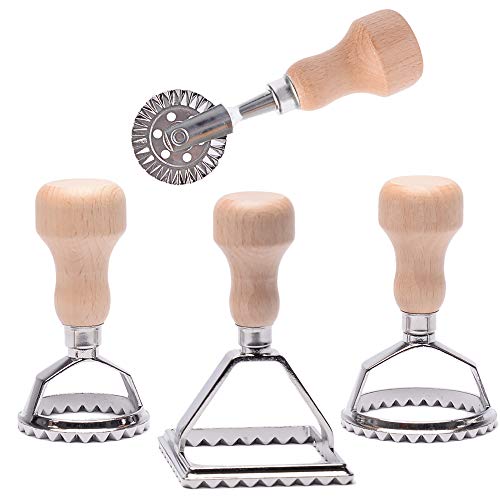 Ravioli Stamp Maker Cutter with Roller Wheel Set, Mold with Wooden Handle and Fluted Edge, Pasta Press Kitchen Attachment (MF-1246) - size: 4 piece