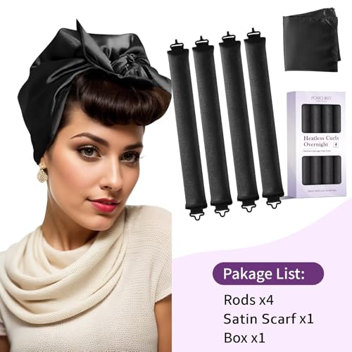 Heatless Curls Overnight Hair Curlers - 4 Pcs No-Heat Curling Rod to Sleep In,Velvet Hair Rollers with Satin Wrap - color: Black(Pack of 4)