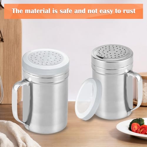 2Pcs Metal Salt Pepper Dredge Shakers, Stainless Steel Pepper Shaker Seasoning Jar With Handle, With Hole And Cover, Suitable For Pepper, Cinnamon And Coffee Spice Jars (Large-14OZ) - size: Large-14OZ