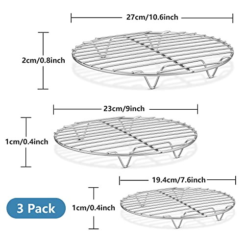 Herogo Round Baking Rack Set of 3, 10.6” & 9” & 7.6”, Stainless Steel Cooling Cooking Racks, Grill Steamer for Oven Pot Air Fryer Canning, Rust Free, Dishwasher Safe - size: 10.6 + 9.1 + 7.6 inch