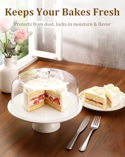 12 Inch Porcelain Cake Stand with Acrylic Dome Lid, White Pedestal