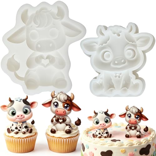 2Pcs Cow Silicone Fondant Mold with Heart-Hands for Cake Decorating - color: Highland Cow Silicone Mold