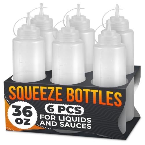 6 Pack 36 oz Plastic Condiment Squeeze Bottles for Sauces, Syrup Bottles