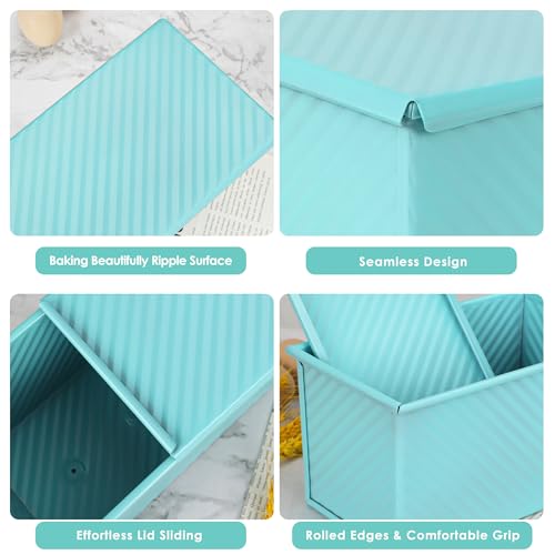 Blue Pullman Loaf Pan with Lid, Sandwich Bread Pullman Loaf Pan, 1LB Dough Capacity Rectangular Bread Pan, Non-Stick Loaf Pan with Dough Scraper Cutter for Sandwich Bread - color: Blue, size: 8.3inch