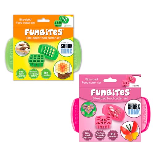 FunBites Sandwich Cutter for Kids Lunch, Crustless Bento 2-Pc Set, 2 Pack - color: Green Squares/Pink Hearts