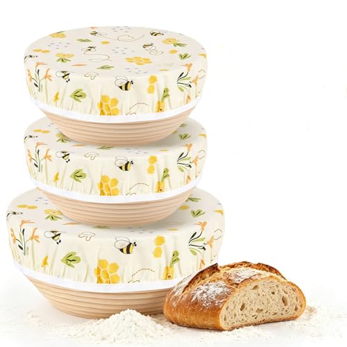 Reusable Beeswax Bowl Covers 3 Pack, 10 Inch (2 Medium)+ 12 Inch Elastic Sourdough Bowl Cover for Bread Proofing, Shower Caps for Bread Proofing Basket, Mixer Bowls