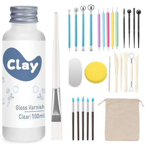 1DFAUL 29Pcs Sculpting Tools Kit with Air Dry Clay Glaze & Varnish (Gloss)