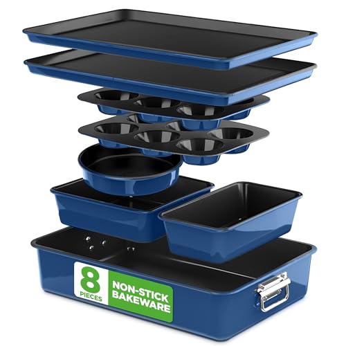 NutriChef 8-Piece Nonstick Stackable Bakeware Set - PFOA, PFOS, PTFE Free Baking Tray Set w/Non-Stick Coating, 450°F Oven Safe, Round Cake, Loaf, Muffin, Wide/Square Pans, Cookie Sheet (Blue) - color: Blue