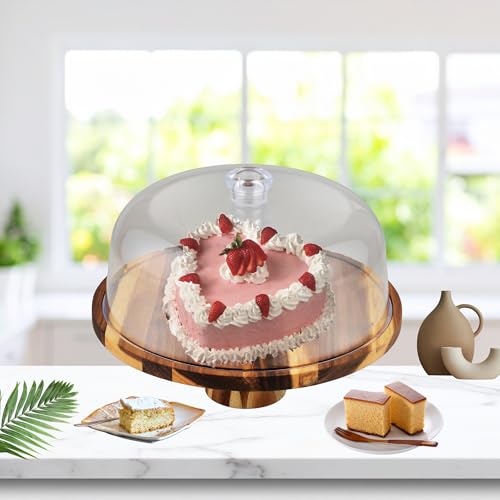 Acacia Wood Cake Stand with Acrylic Lid – 12” Round Wooden Cake Holder, 2-in-1 Serving Tray & Charcuterie Board for Cheese, Dessert, Fruit, Snacks & Party Display