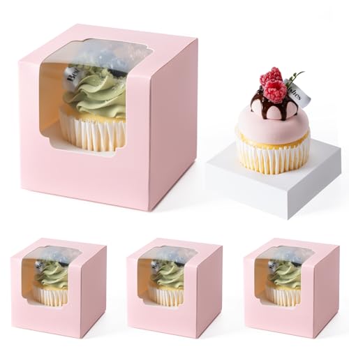 Hoewina 28 PCS Cupcake Boxes, Individual Cupcake Containers with Window - color: Pink