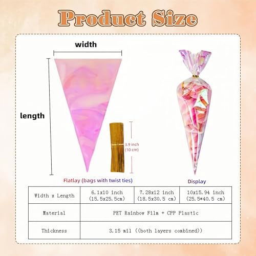 MITOB 50 Pack Cone Shaped Clear Cellophane Treat Bags with Twist Ties - size: 7.3x12 inch (Cone Shaped)