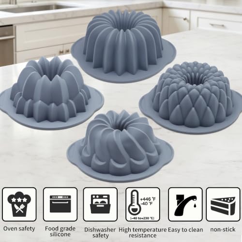 Tongjude 4 Pieces Silicone Cake Pan, Nonstick Silicone Cake Molds, Food Grade Silicone Bakeware for Jello, Cake, Pound Cake, Gelatin, Brownie and Bread, 10 Cups, Grey - size: 4pcs waterfall cake pan(10 Cups)