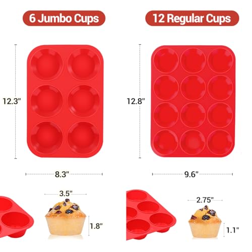 CAKETIME Silicone Muffin Pan, 2 Packs Jumbo 6 Cups and Regular 12 Cups for Baking Muffins, Cupcakes, Egg Bites, Frittatas - size: 12-Cup Regular & 6-Cup Jumbo