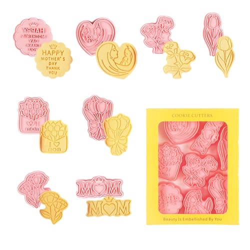 Mother‘s Day Cookie Cutters, 8Pcs 3D Plastic Cookie Molds Thank You Rose Tulip Shape Biscuit Cutters for Mother's Day or Birthday Party Baking Cutting Tool(E8) - color: E8
