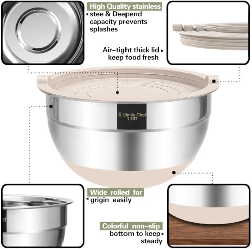 Umite Chef Mixing Bowls with Airtight Lids, 6 piece Stainless Steel Metal Nesting Storage Bowls, Non-Slip Bottoms Size 7, 3.5, 2.5, 2.0,1.5, 1QT, Great for Mixing & Serving (Khaki) - color: Khaki