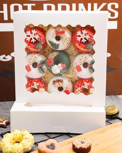 qiqee 10x10x2.5 Inch White Pie Boxes with Window 12Packs Cookie Donut Bakery Box (Auto-pop Up) - color: 12Packs, White