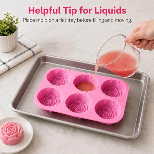 2 Pack Rose Silicone Molds, 6-Cavity Flower Soap Molds for Chocolate, Candy, Cake, Jelly, Pudding, Ice Cubes, Lotion Bars, Candles & Bath Bombs, Pink