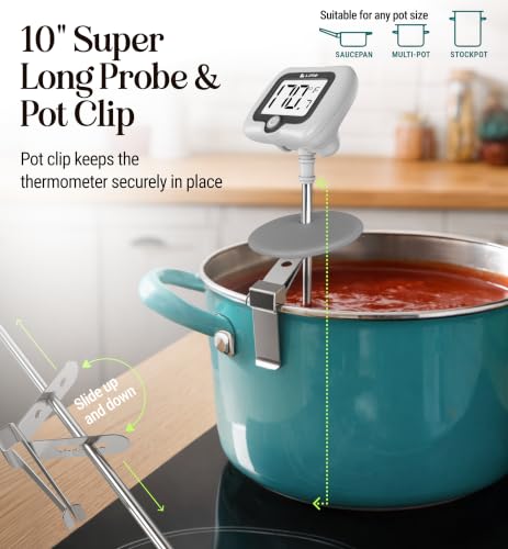 Digital Candy Thermometer with Pot Clip, 10" Long Stainless Steel Probe, Instant Read Kitchen Thermometer for Cooking, Baking, and Candy Making (Gray) - color: Gray