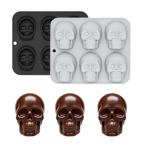 2 Pack 3D Skull Silicone Molds Halloween Silicone Molds, Reusable Non-Stick Skull Chocolate Baking Molds for Cake, Candy, Ice Cube, Resin, Halloween Party Decorations（Black/Gray）