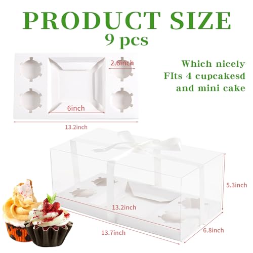 JCD 9 Pcs Clear Cupcake Boxes Combo,Cakes and Cupcakes Box 1+4 Bento Box Clear Bento Cakes Boxes Fit 4 Cupcake and 1 Mini Cake for Valentine Wedding Birthday(1+4/9Pcs) - size: Clear 1+4/9Pcs