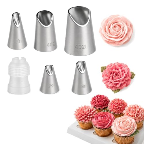 6 Pcs Cake Decorating Tips, Rose Flower Piping Tips Set with Coupler - color: 79/80/81/402/402L