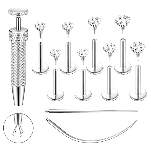 16G 18G Flat Back Earrings Stud 316L Surgical Stainless Steel Internal Thread Piercing Jewelry for Helix, Cartilage, Tragus, Nose, Labret – with Ball Grabber Tool - color: Silver：16G Bar-6/6/7/8mm & CZ-2/2.5/3/4mm