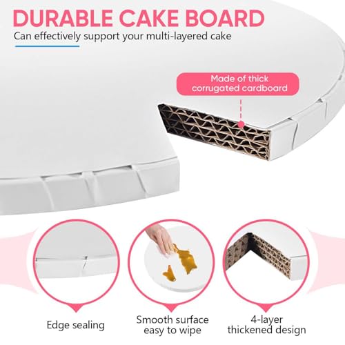 2 Pack Round Cake Boards Drums 12 Inch Sturdy 1/2 Thick Professional Cardboard Base para Pastel Smooth Straight Edges White for Multi-Layer