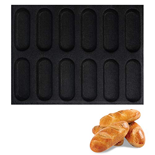 Silicone Hot Dog Bun Mold Mini Silicone Baguette Mould Non-Stick Baking Form Mini Sandwich Baking Molds Silicone Perforated Baking Forms(12Loaf,Black) - size: 12Loaf,Black