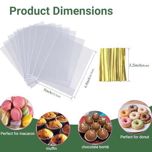 200 Pack 5"×2"x6.5" Cellophane Muffin Bags with Gold Twist Ties Flat Bottom - size: 5"×2"x6.5"