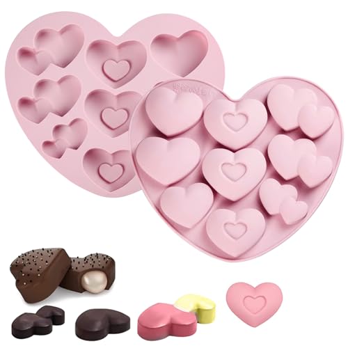 Valentines Silicone Mold Pink Heart Silicone Chocolate Mold with 3 Types Different Heart Pattern Desidn Reusable Silicone Molds 10-Cavities Non-Stick Baking Molds for Candy Pudding Jelly Making - color: Valentines Styl 46