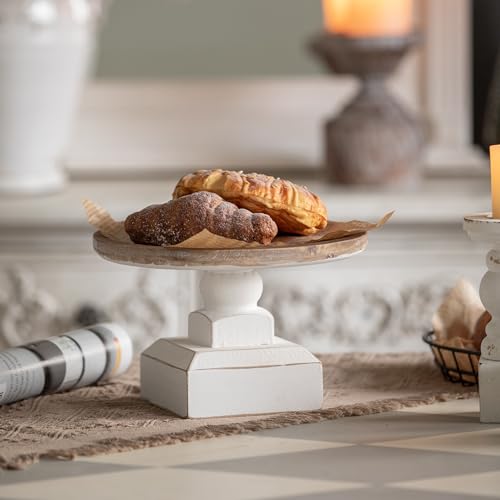 SOFE 9 Inches Round Wood Cake Stand, Rustic White Pedestal Stand