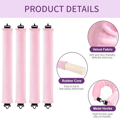 Heatless Curls Overnight Hair Curlers - 4 Pcs No-Heat Curling Rod to Sleep In,Velvet Hair Rollers with Satin Wrap - color: Pink(Pack of 4)
