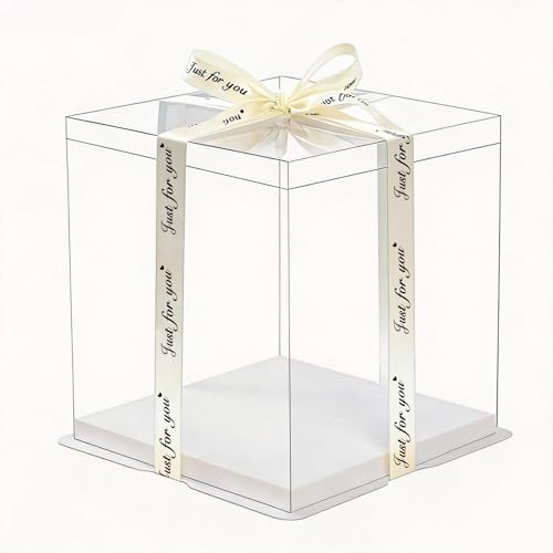 10x10x9 Clear PET Cake Boxes 5 Pack with Food-Grade White Base & Just For You Satin Ribbon, Rigid Waterproof Cake Carrier for Home Bakers, Birthday Wedding Cake, Dessert Snack & Gift Display Box - size: 10 inch