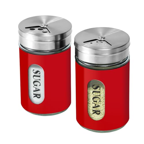 Sugar Shaker Duster Stainless Steel and Glass Set with Adjustable Pour Holes Cinnamon Shaker For Coffee Bar,set of 2 (Red) - color: Red