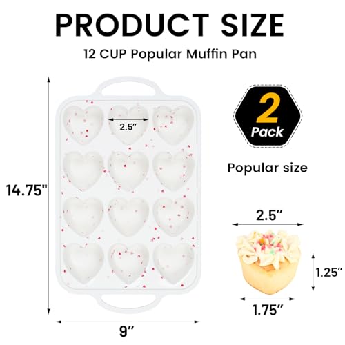 Vinino Silicone Heart Shaped Muffin Pan with Metal Reinforced Frame, 2 Pack Cupcake Pan, Silicone Heart Mold for Baking, Chocolate Bar and Egg Bites, Dishwasher Safe - size: Heart