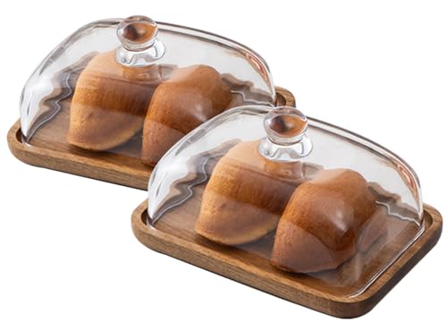 2 Pack Rectangular Wooden Cake Stand, 4 x 6.3 Mini Cake Plate Holder with Clear Glass Bell,Cake Display Server Tray for Kitchen,Birthday Parties,Weddings,Baking Gifts - color: 4.6x7inch Rectangular / 2pack
