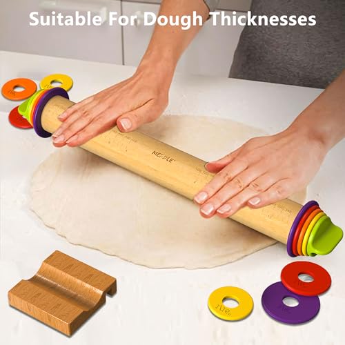 Rolling Pin with Thickness Rings,13.6''Dough Roller & Mat Fits Baking Dough - color: Wood