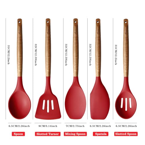 Kitchen Utensils Set, Silicone Cooking Utensils Set,Non-Stick Silicone Spatula Set with Natural Acacia Hard Wood Handle, 5 Piece, Upgraded Thickened Cookware - color: Red
