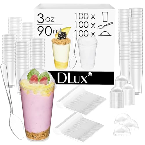DLux 100 x 3 oz Mini Dessert Cups with Lids & Spoons, Shooter - color: 100 cups + 100 lids + 100 spoons