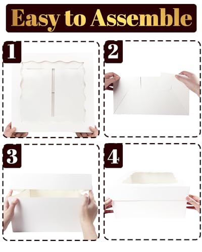 qiqee 12x12x6 Cake Box, 18 Sets White Cake Box with Window ＆ 18 Sets 12" White Cake Round Boards, 12inch Cake Containers, 10 Meters Gold Silk Ribbon - color: White, size: 18 Sets /12x12x6