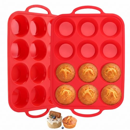 Redfly Silicone Muffin Pans for Baking 12-Cup Regular Size Cupcake Pan 2PCS - color: Red, size: Regular Size-2PACK