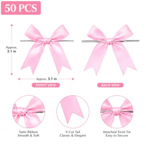 50 Pcs Twist Tie Bows for Treat Bags and Gift Wrapping, Pink - color: Pink