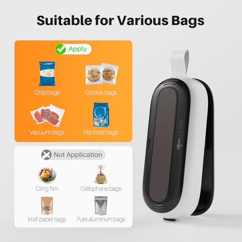 ODSD 2 in 1 Mini Bag Sealer - Heat Seal and Cutter with Lanyard, Portable Handheld Chip Bag Sealer for Snacks, Candies, Food Storage (Batteries Included) - color: Black/White