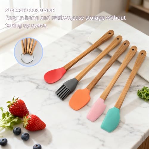 5 Piece Silicone Spatulas,Mini Rubber Spatula Bamboo Handle,Heat Resistant Silicone Set,Non-Stick Kitchen Utensils For Baking,Cooking and Stir(colorful)