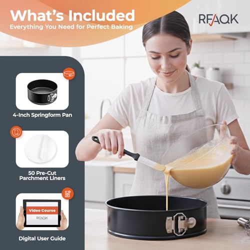 RFAQK 4 Inch Mini Cheesecake Pans Leakproof, 4pcs Small Nonstick Springform Pans with Removable Bottom, Includes 50pcs Parchment Papers, E-Book, Perfect for Baking Mini Cakes, Pizzas, Quiches & More! - size: 4-Inch