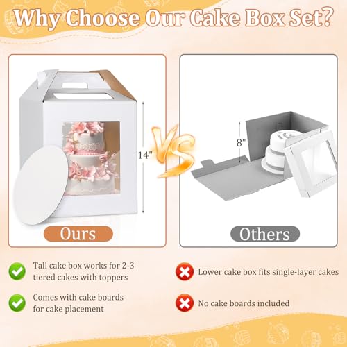 3 Pack Tall Cake Box for Tier Cake with Cake Board, 12 x 12 x 14 Inch Large Tiered Cake Carriers with Clear Windows & Handle, Disposable Bakery Take Out Transport Container for Birthday Wedding Party