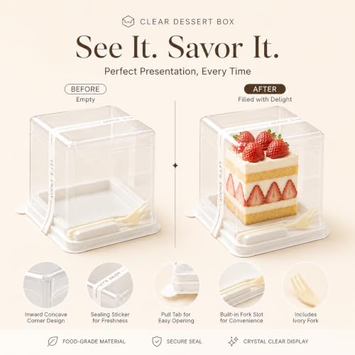 100 Pieces Cake Slice Plastic Containers with Disposable plastic fork and Stickers,4.3 Inches Hinged Lid Cheese cake Container,Cupcake containers,individual cupcake containers, Bakery and Cafe