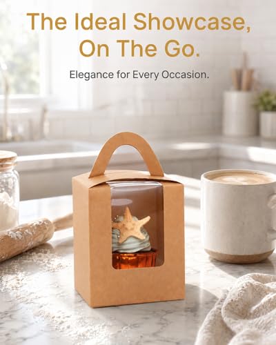 qiqee 100pcs Auto Pop-up Cupcake Containers Individual Brown Cupcake Holders Disposable Kraft Single Cupcake Boxes with Window 3.7"x3.7"x4.5" Cupcake Boxes - color: Brown, size: 100Pcs, One Holder