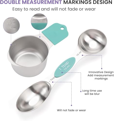 Magnetic Measuring Cups and Spoons Set, N52 Magnetic Nesting Design magnetic spoons, 304 Stainless Steel measuring cups, Dual-sided Design Set of 15 with Leveler for Dry & Liquid Ingredients - color: colorful